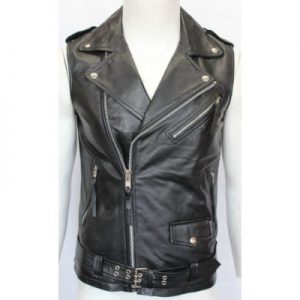 modern black sleeveless leather jacket