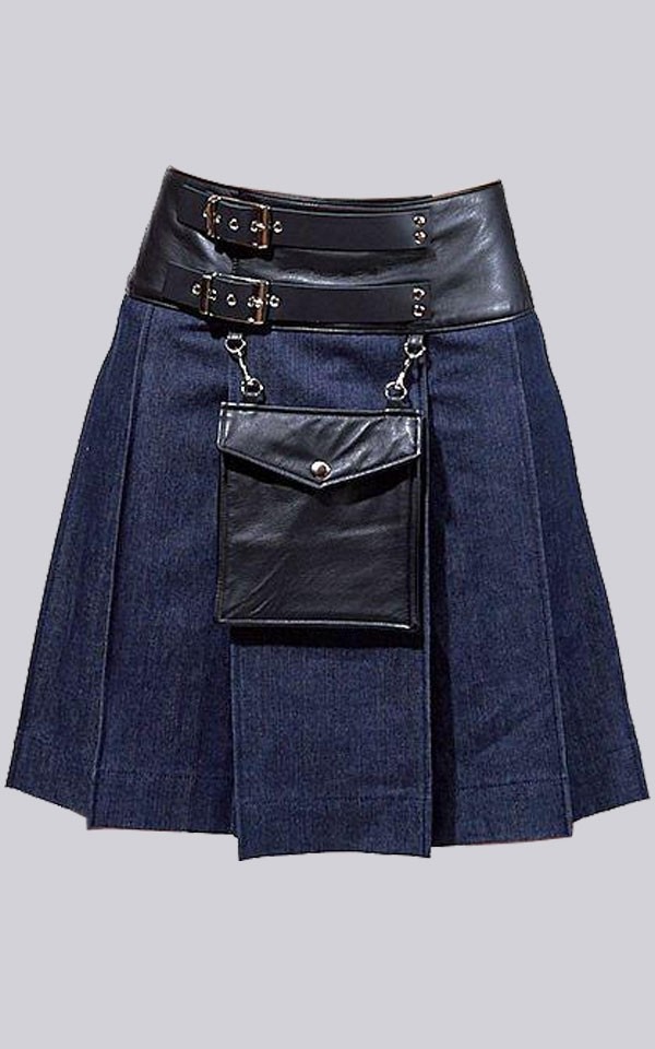 Fashion Denim Leather Pocket Kilt